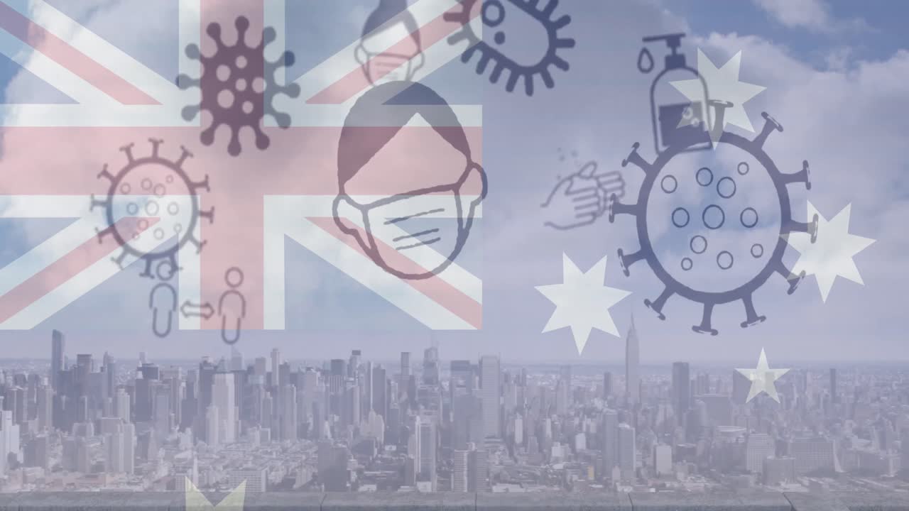 코로나 바이러스 아이콘과 호주  ⁇ 발의 애니메이션