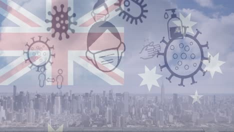 animación de los iconos del virus de la corona y la bandera de australia sobre el paisaje urbano