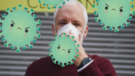 animation of falling covid 19 cells over senior caucasian man wearing face mask