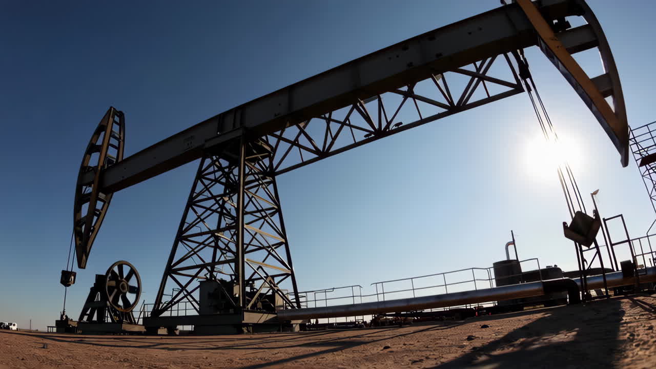 Oil Pumpjack Operating in a Desert Landscape
