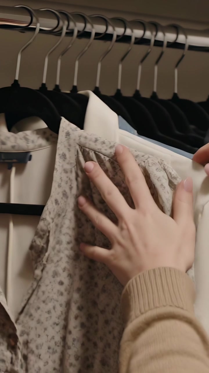 Video verticale: Mani che si allungano indossando un maglione color cammello, facendo scorrere le grucce, controllando una camicetta sull'asta dell'armadio