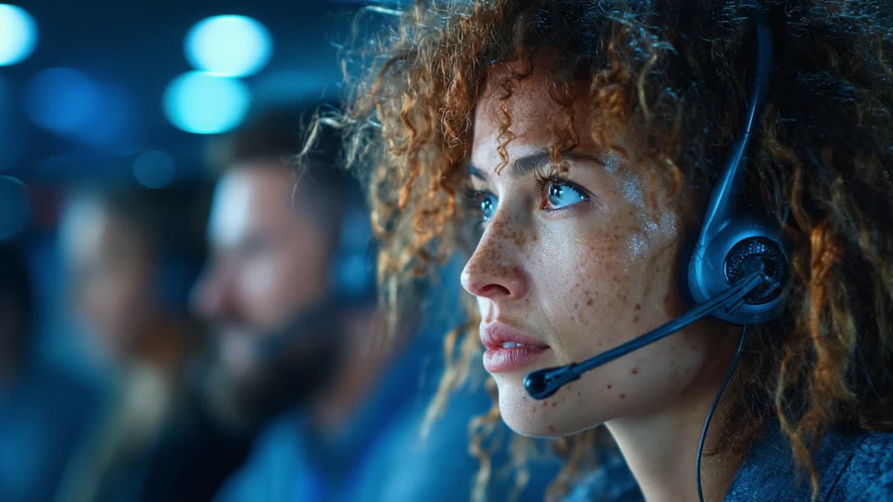 Gefocuste operator in een callcenteromgeving die met klanten communiceert, vastberadenheid en professionaliteit toont en communicatie met precisie afhandelt