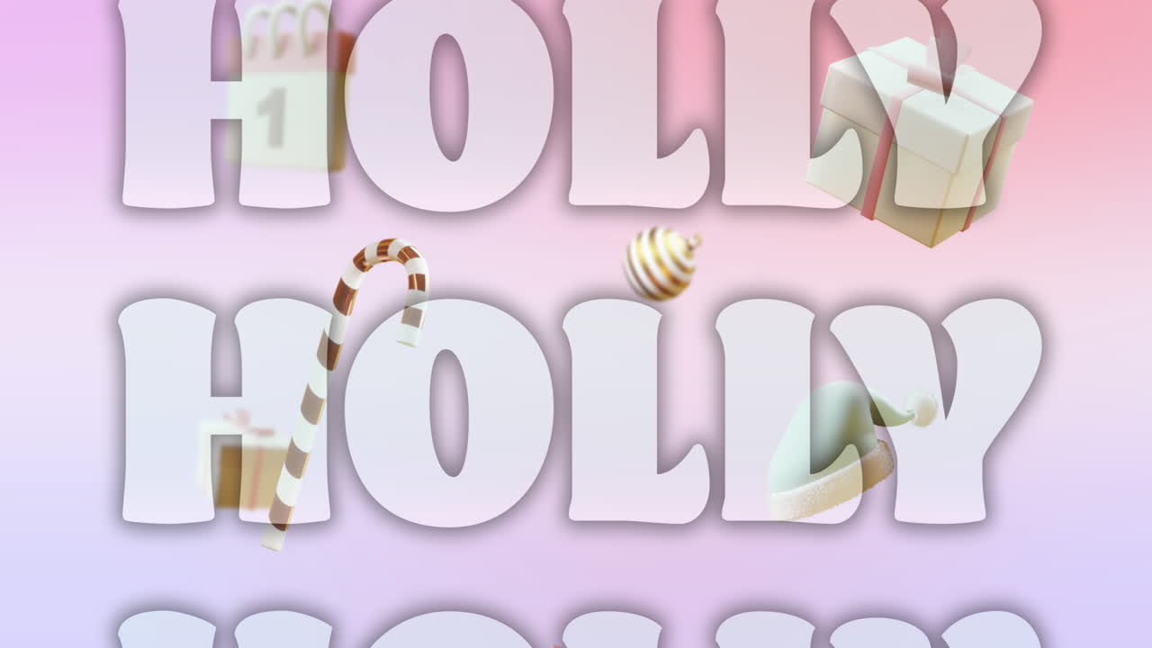 분홍색 배경에 크리스마스 장식 위에 크리스마스 축하 문자의 애니메이션