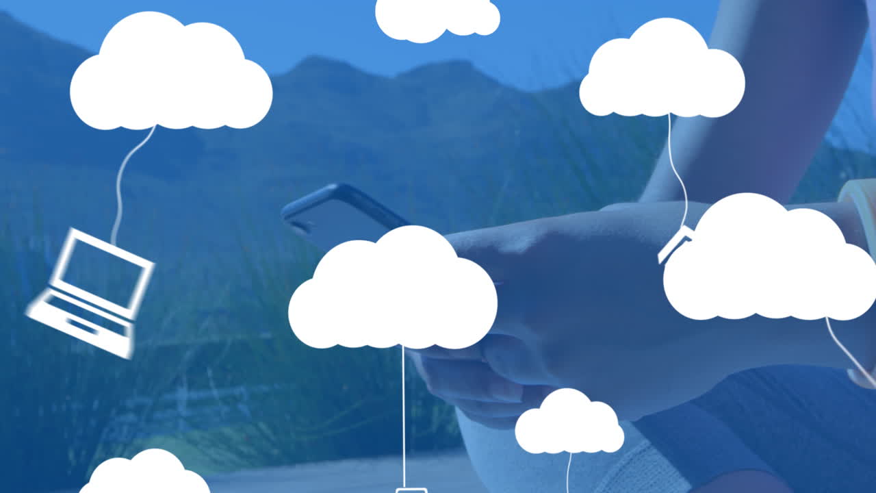 animación de nubes con dispositivos electrónicos sobre una mujer caucásica usando un teléfono inteligente