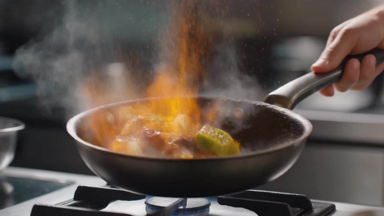 Chef che salta verdure e carne con flambé nella cucina di un ristorante