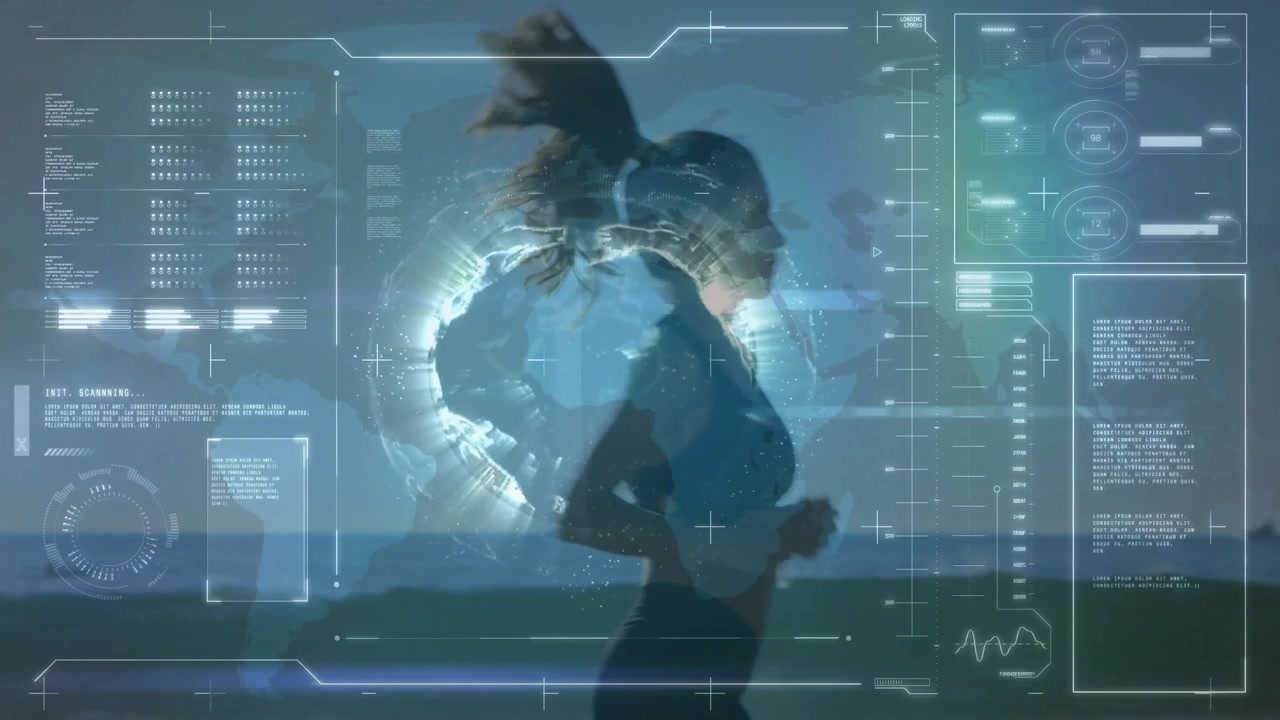 female runner jogging beach powering holographic globe animating fitness charts syncing with pace