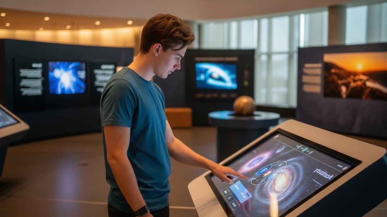 An Engaging Exploration of the Universe: A Young Visitor Interacts with an Interactive Display Showcasing Cosmic Wonders in a Modern Exhibition Space
