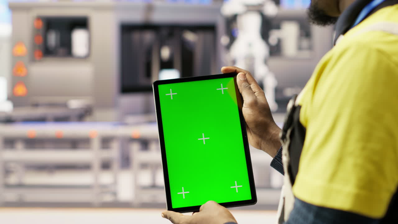 Vertical video Engineer in smart factory using mockup tablet to oversee robotic assembly lines