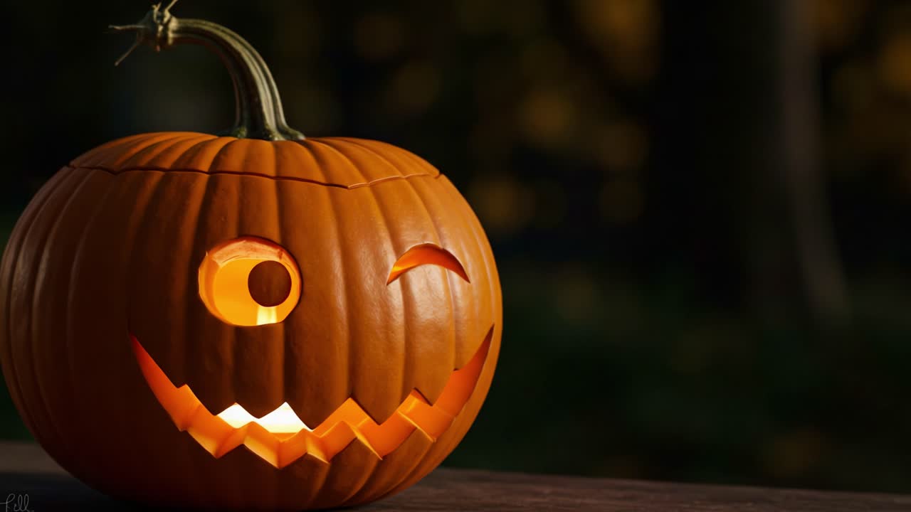 A Whimsical Halloween Pumpkin with a Playful Expression, Perfectly Carved and Illuminated to Bring Festive Cheer to Autumn Nights