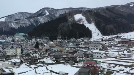 japanese apartment buildings in nozawa onsen ski town in nagano japan during winter