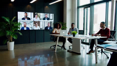 modern business meeting with video conference and data analysis