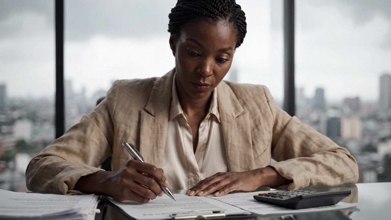 Professionista concentrato in un ambiente professionale che lavora diligentemente a una scrivania, prendendo appunti e analizzando documenti con una vista sulla città sullo sfondo.