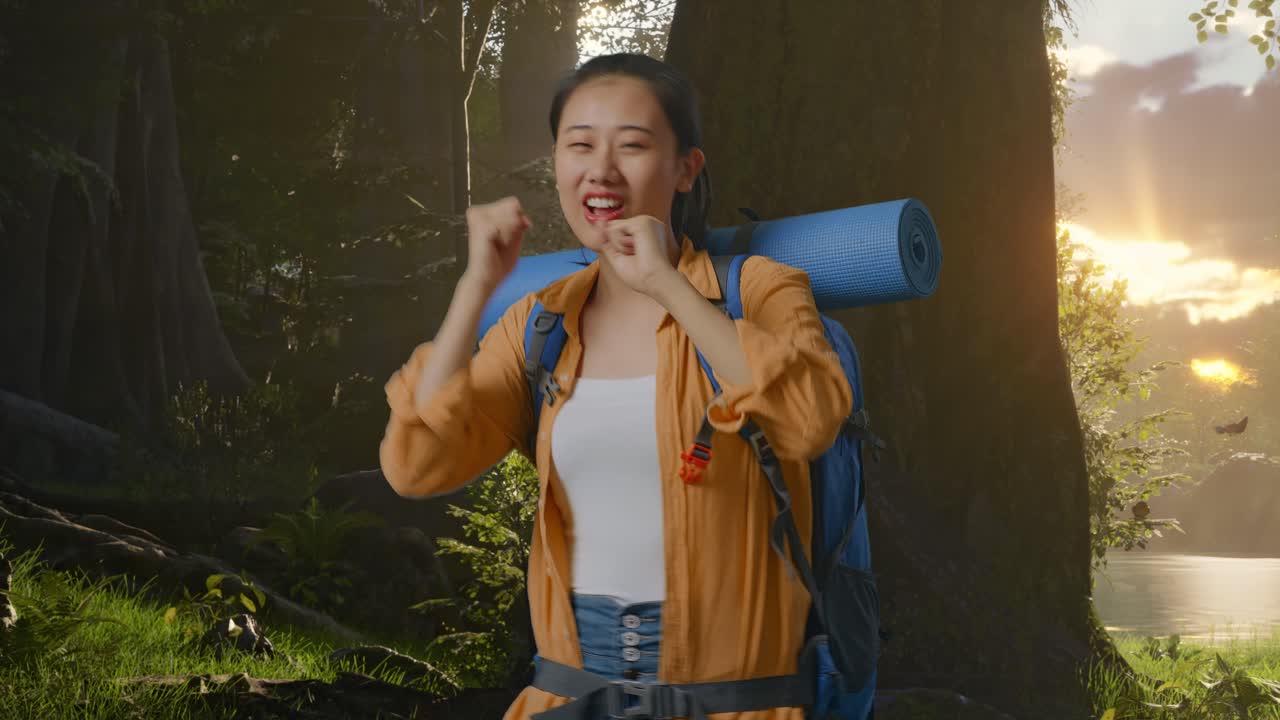 Happy Woman Hiking and Dancing in the Forest at Sunset