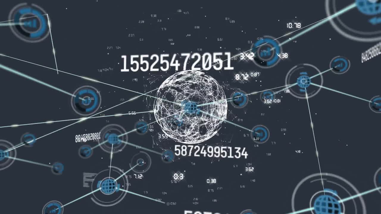 전 세계와 검은 바탕에 아이콘을 가진 연결 네트워크의 애니메이션