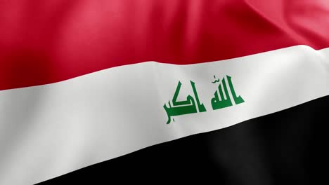 Close up realistic animation of Iraqi national flag waving gently. Red, white, black stripes, Kufic script "Allahu Akbar". Seamless loop, Middle East pride themes