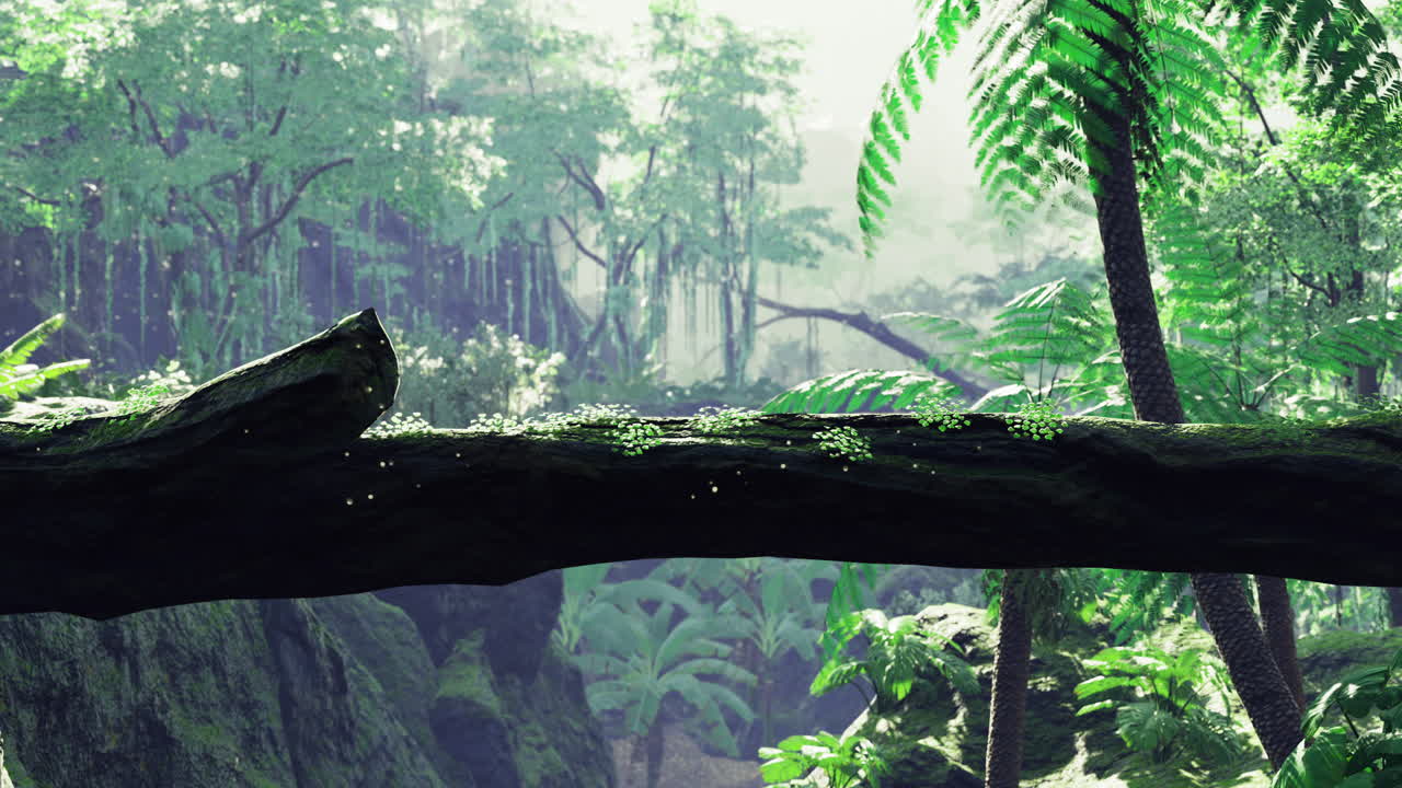 Lush tropical rainforest with dense greenery and misty atmosphere during midday