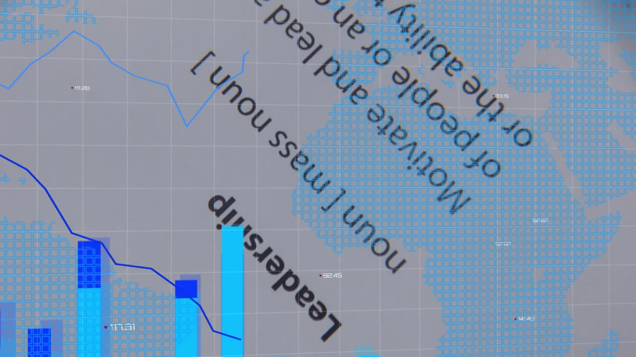 증가하는 숫자를 가진 여러 그래프의 애니메이션과  종이에 있는 텍스트 위의 지도