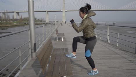 Toma-En-Cámara-Lenta-De-Una-Joven-Enfocada-Entrenando-En-El-Muelle-Junto-Al-Mar