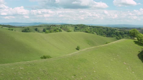 Aerial-shot-trucking-along-above-rolling-hills-of-the-Deliblatska-Peščara-in-Serbia