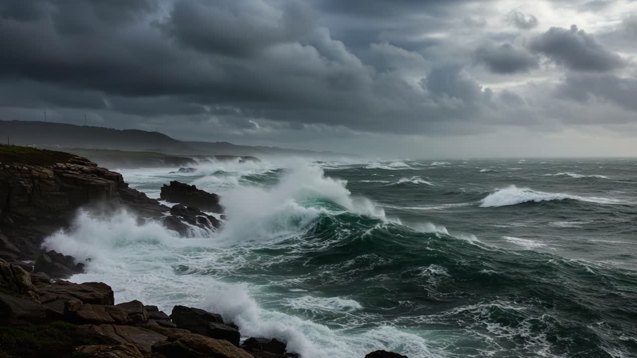 A Dramatic Display of Nature's Fury: Powerful Waves Crashing Against Jagged Rocks Under Overcast Skies in a Coastal Landscape