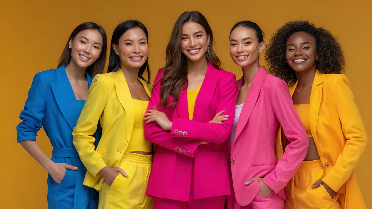 Group of diverse women in colorful suits