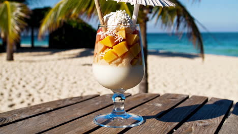tropical mango dessert on a sunny beach