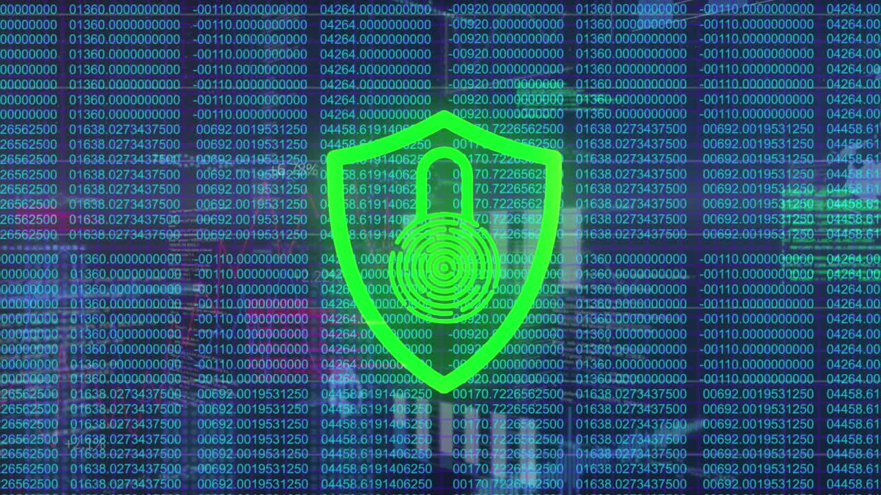 animación del escudo rojo y la interfaz digital sobre un fondo oscuro.