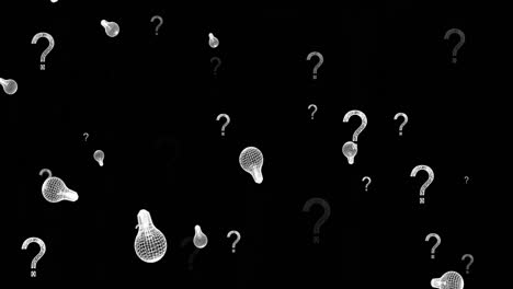 animación de iconos de bombillas y signos de interrogación en fondo negro