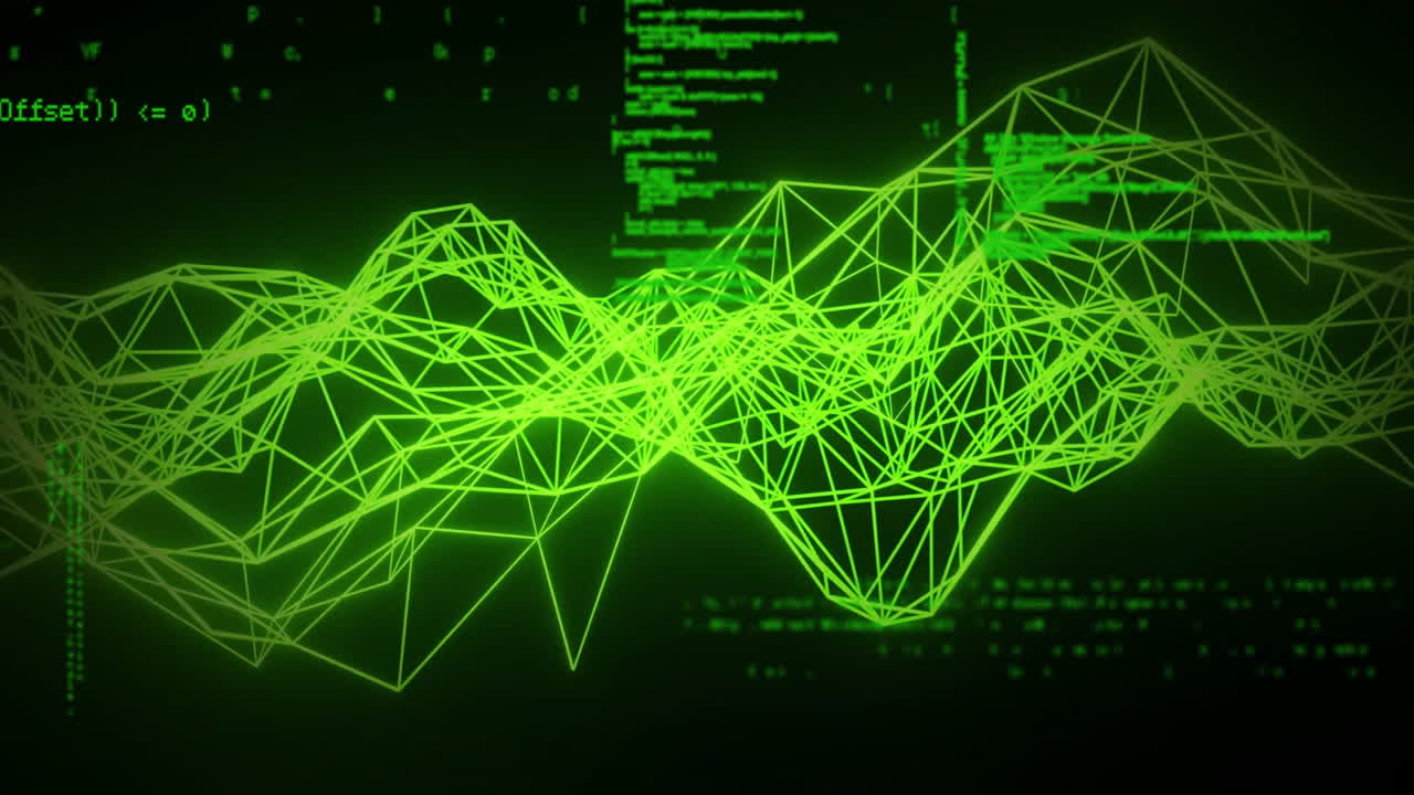 Animation of green wireframe wave with digital code, abstract technology concept