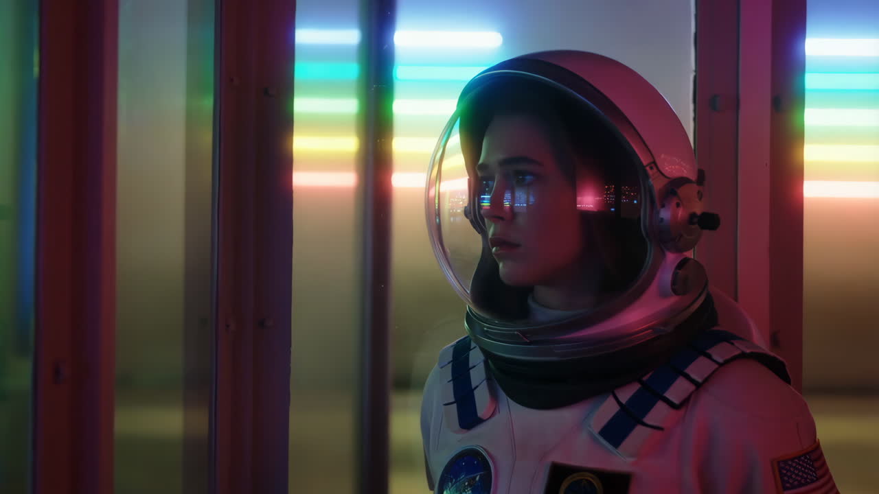 Woman in Astronaut Suit in a Neon-Lit Environment