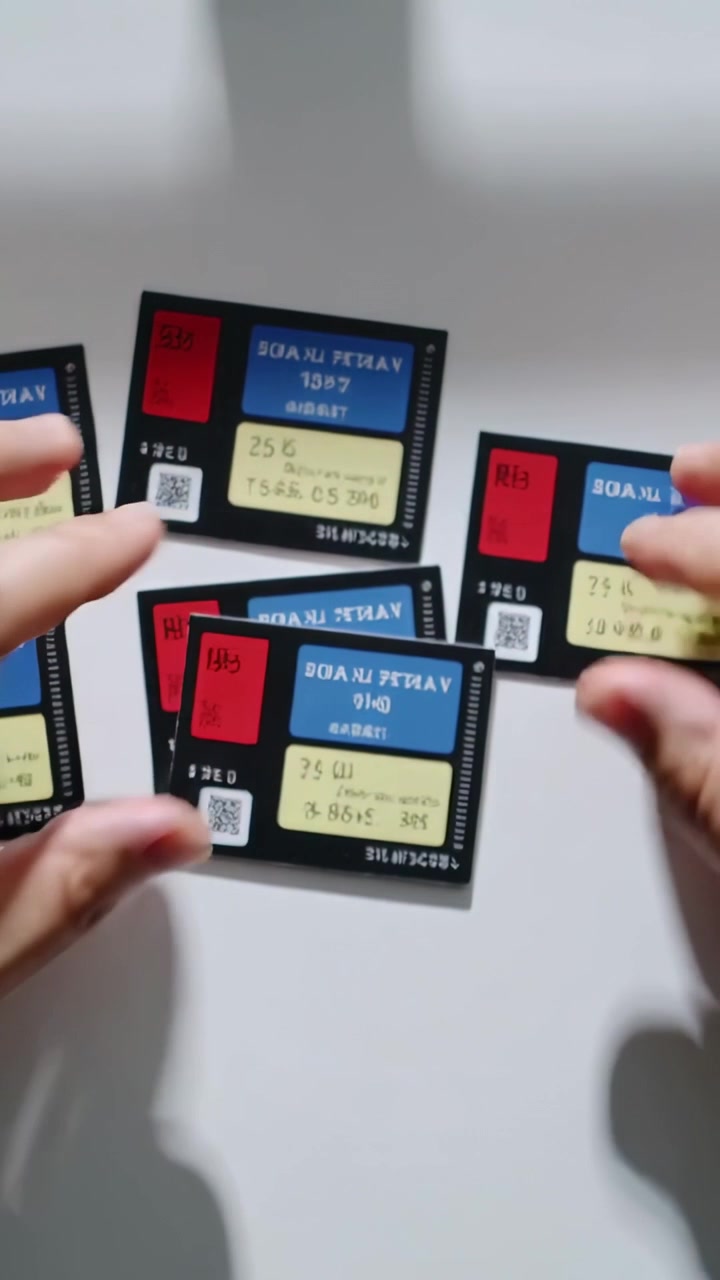 Video verticale: Mani che dispongono le carte su un tavolo bianco, mostrando etichette colorate e codici QR.