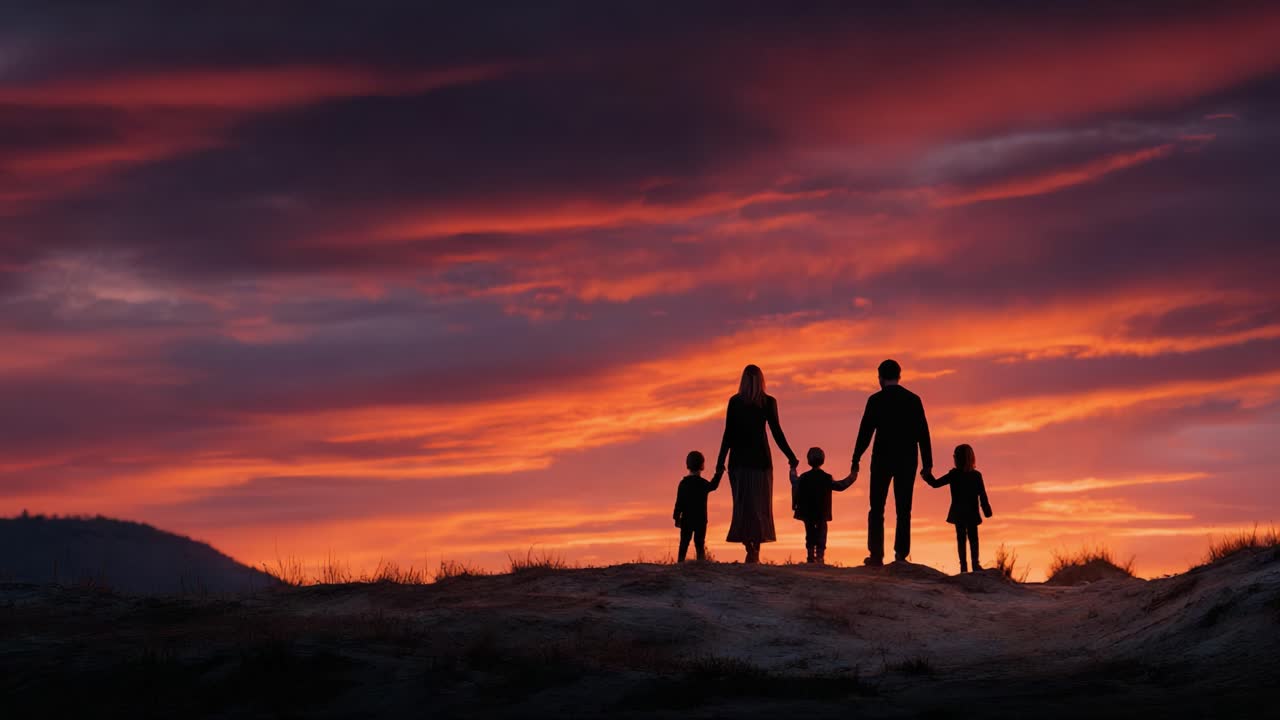 A Family Silhouette Against a Majestic Sunset: Capturing a Heartwarming Moment of Togetherness and Connection Amidst Nature's Beauty
