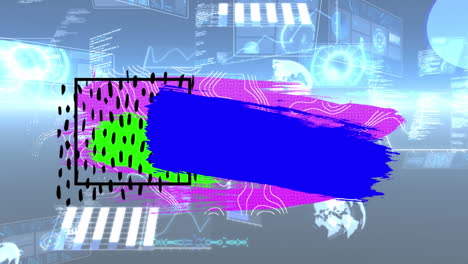 banner abstracto colorido con espacio de copia contra la interfaz con procesamiento de datos en fondo azul