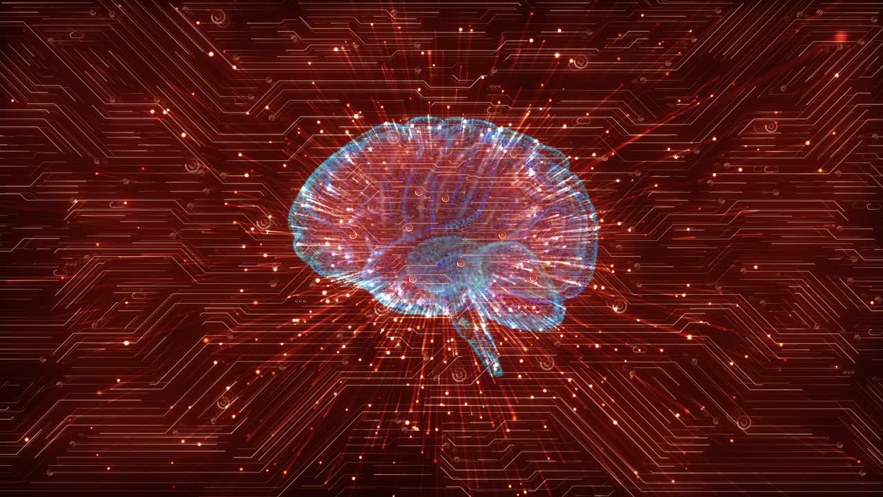 Futuristic web quantum ai 3d technology machine learning cyber attack brain hud red digital