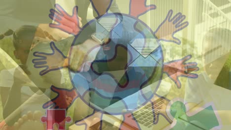 Animation-of-colourful-puzzle-and-globe-over-diverse-schoolchildren