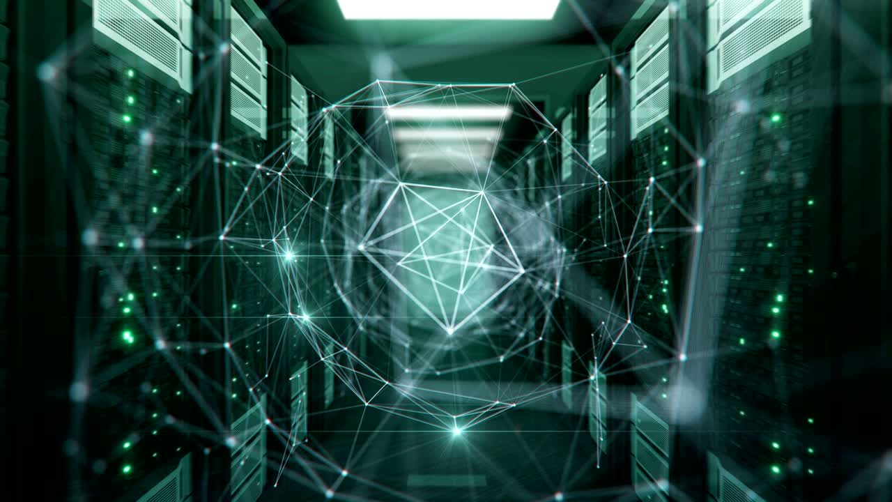 Growing Network Connections Cyberspace Digital Tunnel with Bright Flashes in Modern Datacenter Server Racks Room. Looped 3d Animation. Futuristic Digital Technology Concept.
