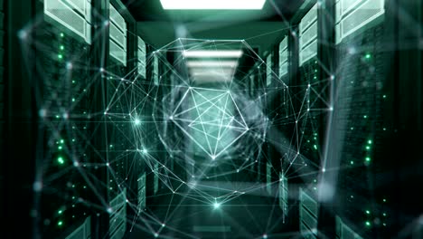 growing network connections cyberspace digital tunnel with bright flashes in modern datacenter server racks room. looped 3d animation. futuristic digital technology concept.