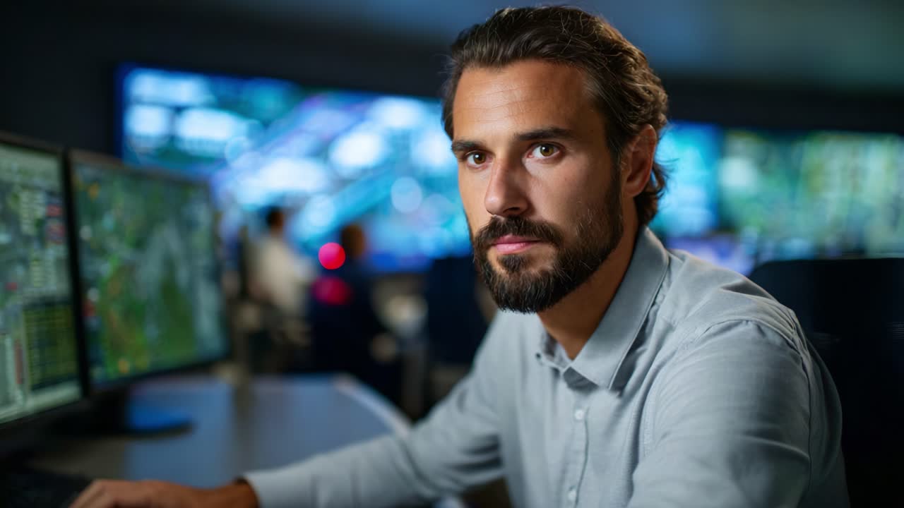 Focused professional analyzing data on multiple monitors in a control room, showcasing concentration and expertise in a technology-driven environment