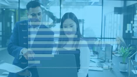 animación de gráficos sobre diversas mujeres y hombres compañeros de trabajo en la oficina