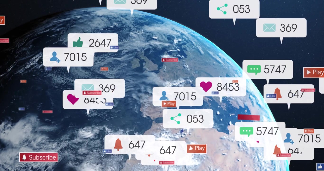 Animaatio sosiaalisen median ilmoitusten prosessoimasta datasta yötaivaalla olevan maapallon yllä.