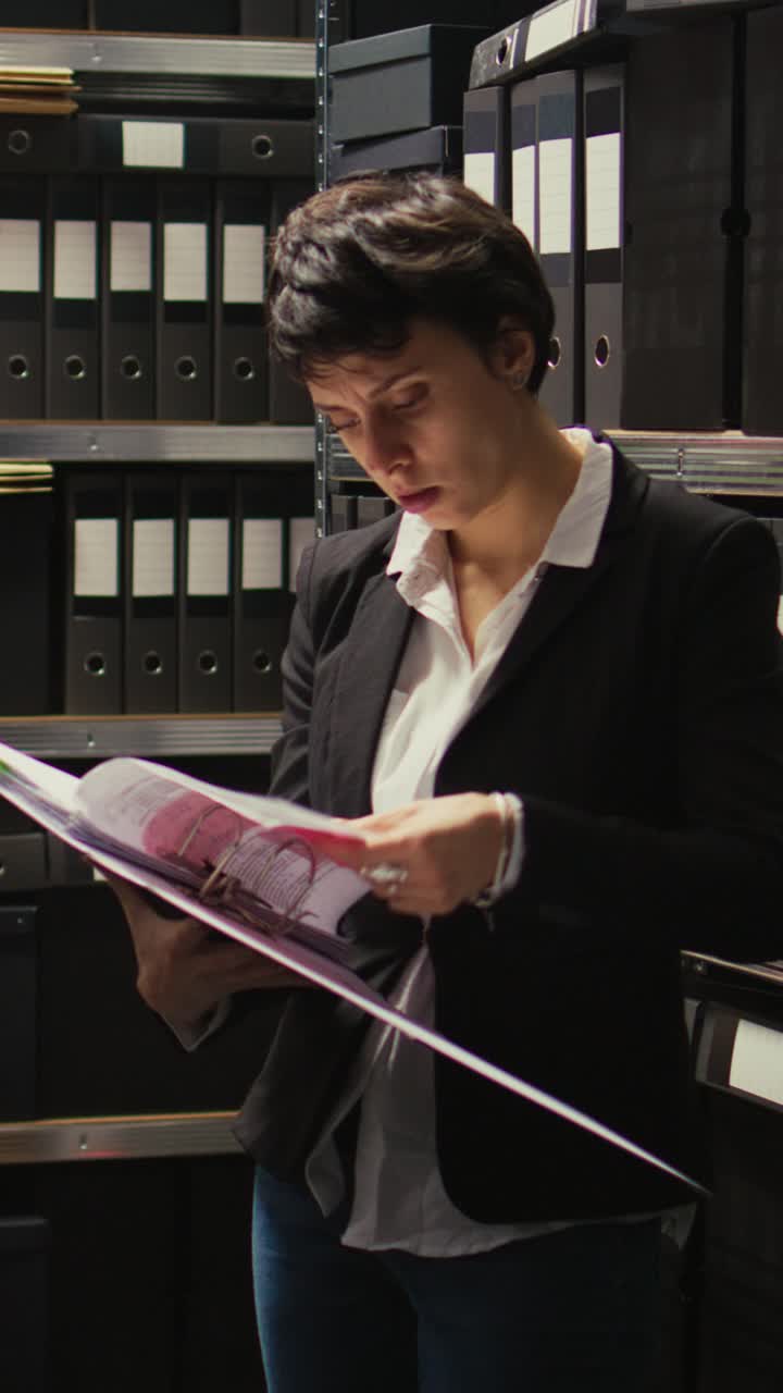 Agentes em vídeo vertical examinando o arquivo do caso