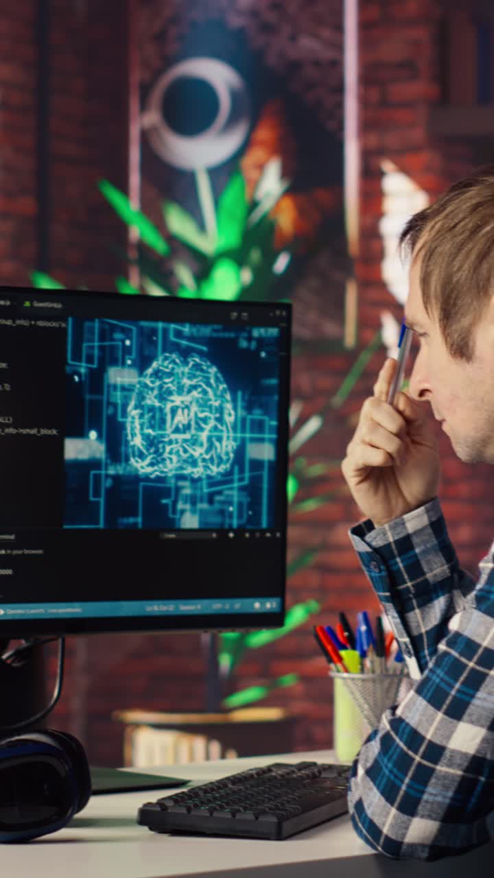 Vertical video AI software developer at computer waiting for code to finish compiling
