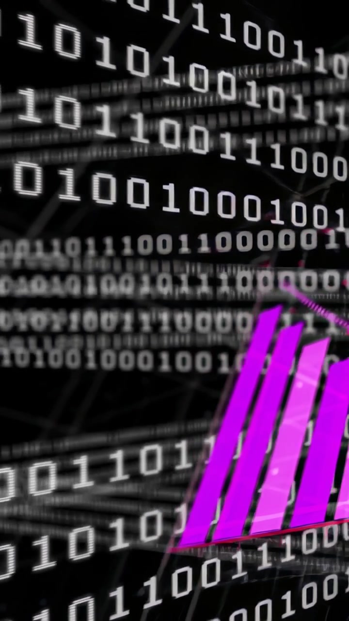 Vertikales Video: Schleife beginnt mit scrollenden weißen Binärziffern, magentafarbene Lamellen steigen auf, um Datenfluss zu zeigen.
