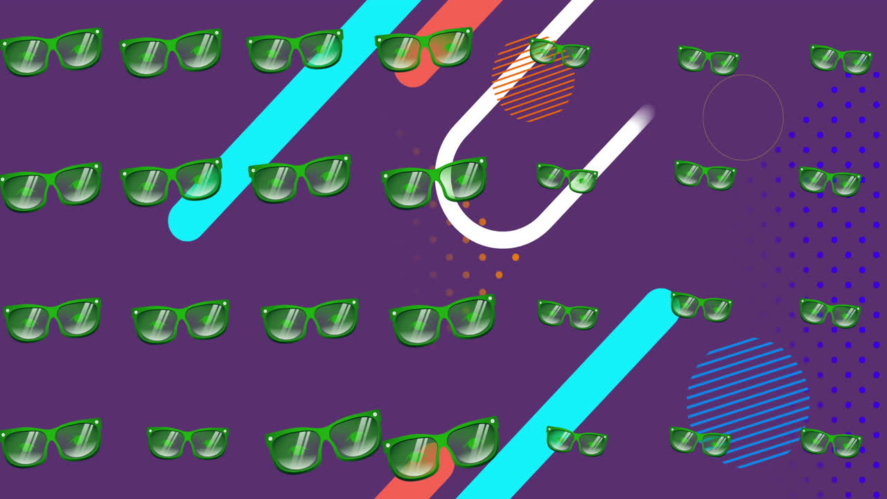 Animation of green party sunglasses over shapes on purple background