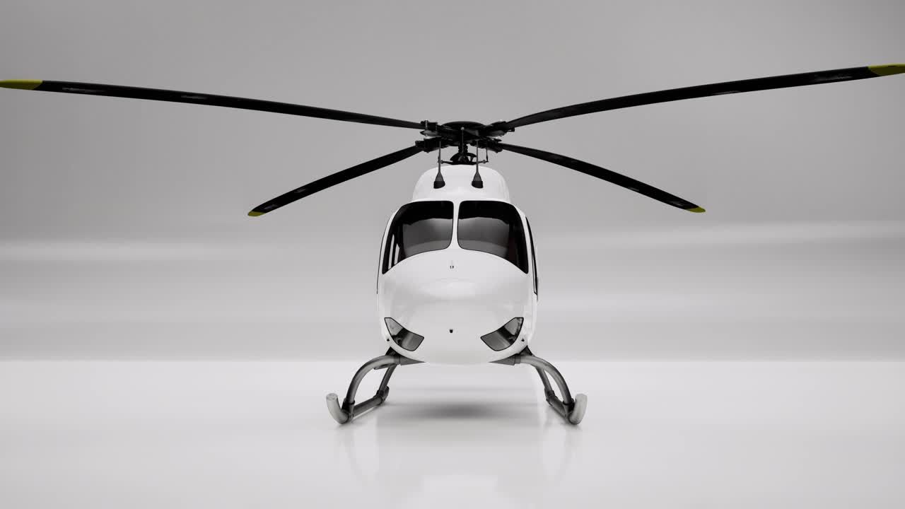 White helicopter 3D model on white background, 3D animation, camera zoom out slowly