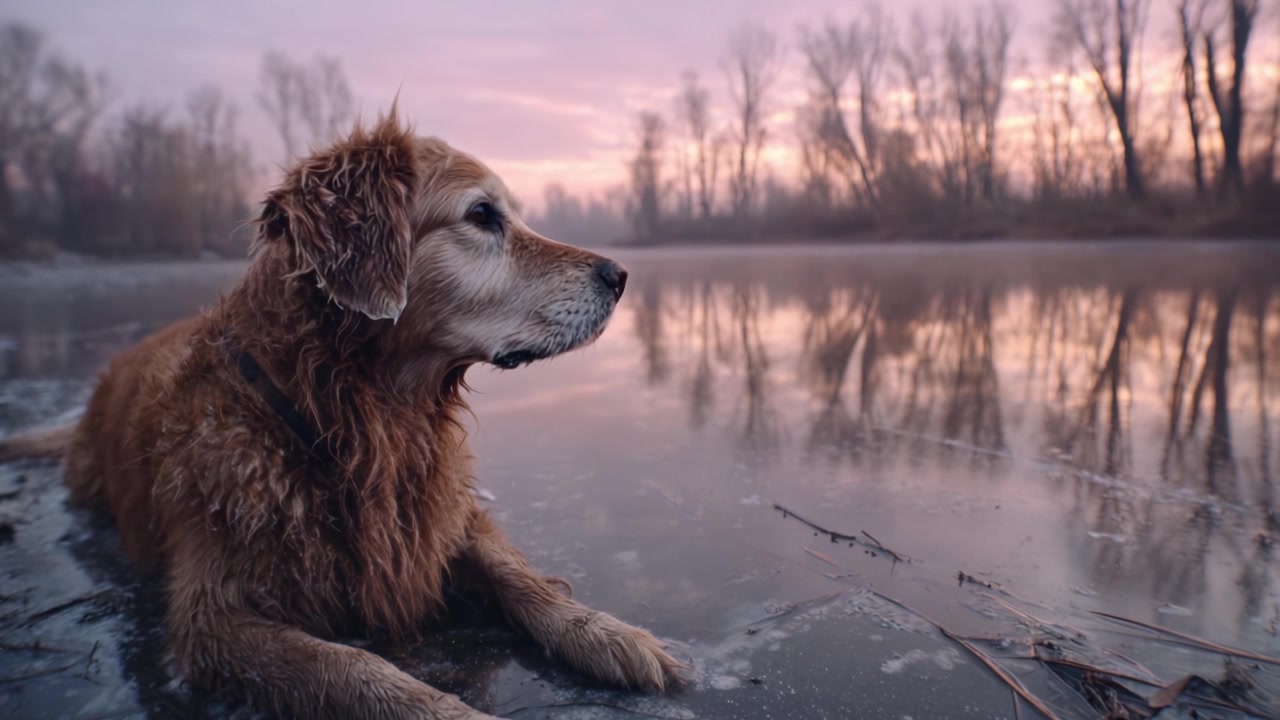 Altın Retriever, Kış Harikalar Diyarında Sakin Bir Gölün Durgun Sularında Gün Batımı Yansımalarını, Ağaçlar ve Puslu Atmosfer İçinde Seyrediyor