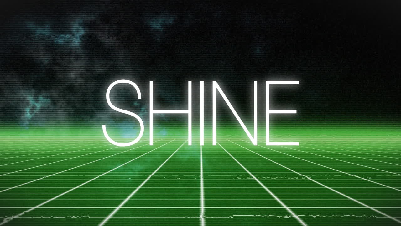 블랙 배경에 그리드 패턴 위의 글리치 기술과 빛나는 텍스트의 애니메이션