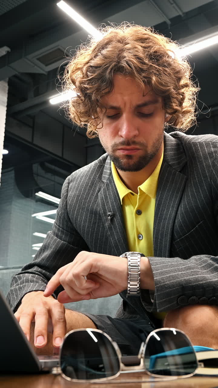 Man in yellow shirt and grey blazer standing on a couch scrolling on his phone and working on a laptop. Vertical