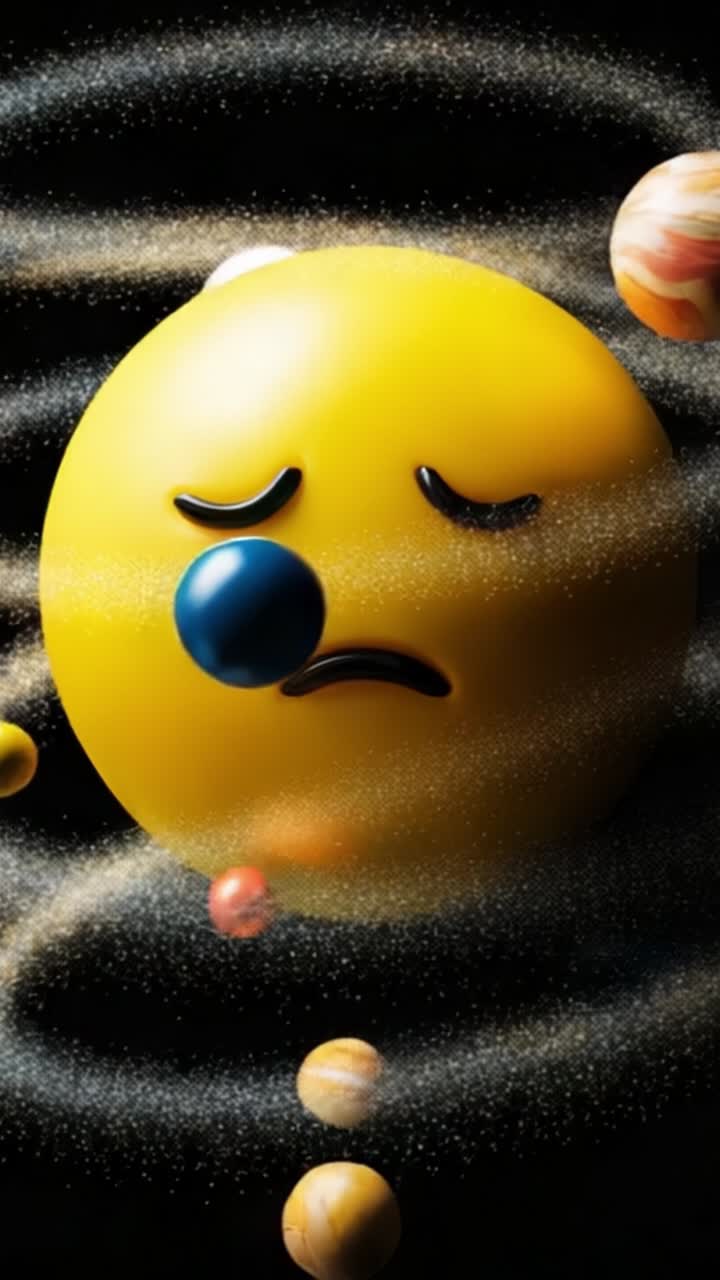 Melancholická žlutá tvář kontempluje vesmír, obklopena obíhajícími planetami, zachycující hluboký výraz smutku v kosmické krajině.