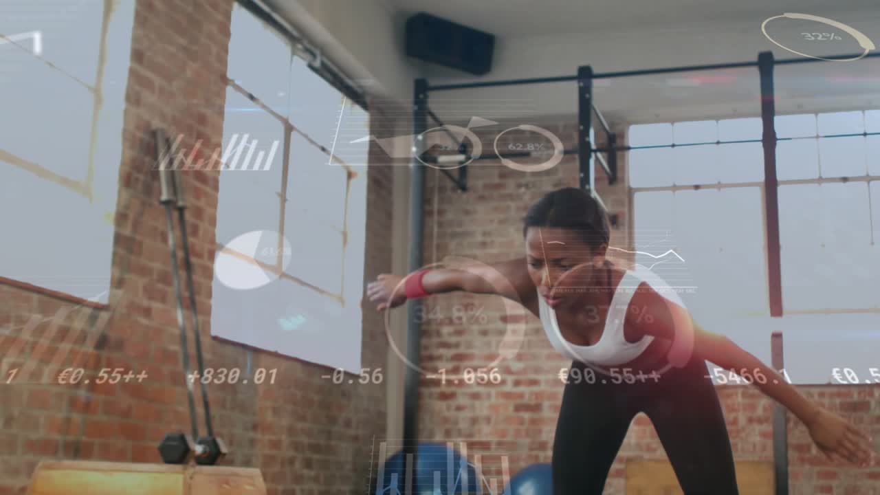 Female athlete shifting weight and performing side reach, HUD overlays tracking joints for fitness